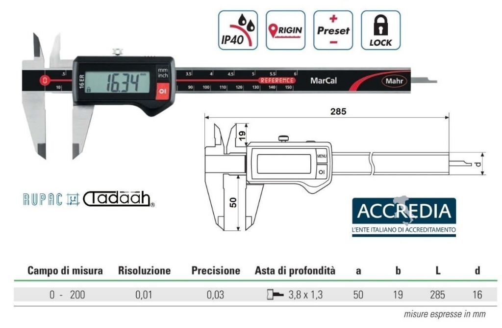 4103205C Calibro digitale Serie Mahr - con funzione Lock - con certificato Accredia