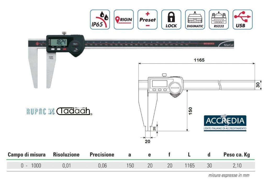 4112717C Calibro digitale da officina con uscita dati Marconnect Serie Mahr di alta qualità - con certificato Accredia 