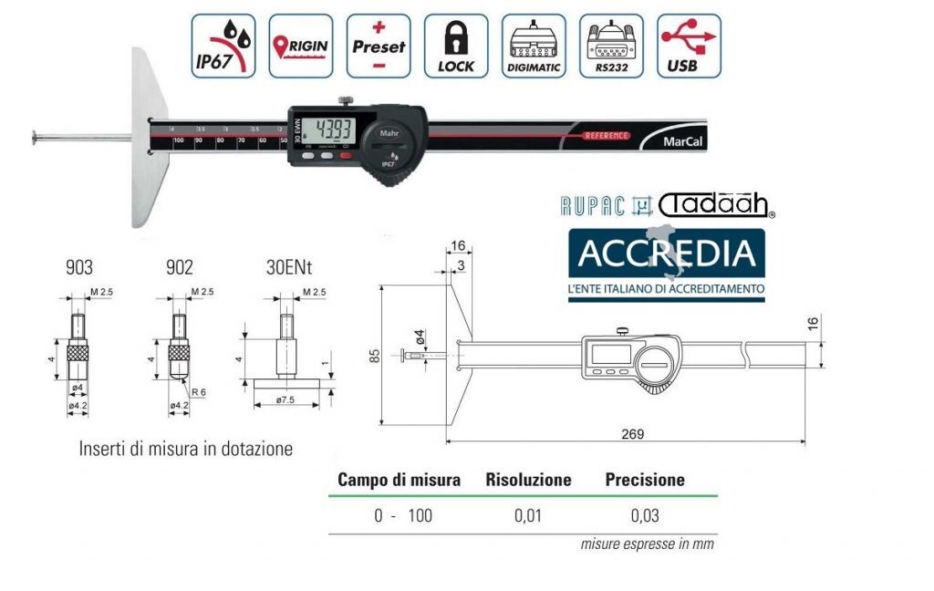RUPAC 4126513C Calibro digitale di profondità Serie Mahr con uscita dati Marconnect, Campo di misura 0-100, IP67, centesimale - Con certificato Accredia