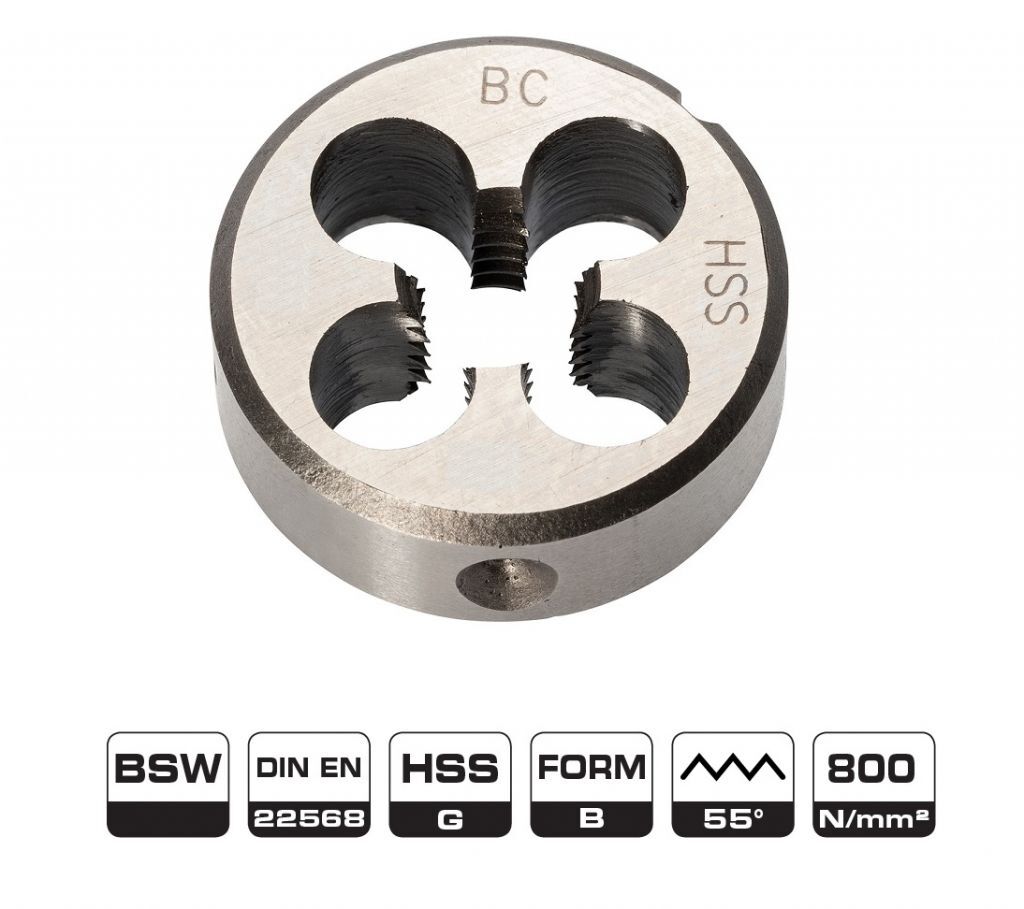 4205 BOHRCRAFT Filiera tonda DIN EN 22568 HSS-G per filettatura BSW Whitworth secondo BS 84, forma B, rettificata