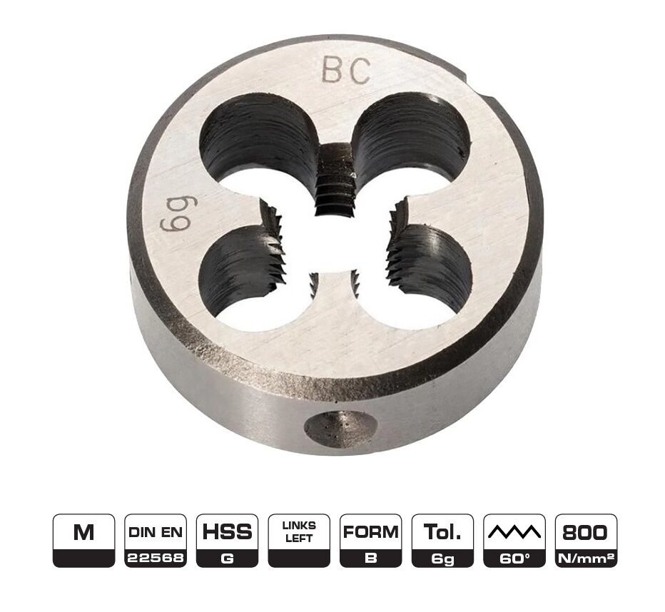4209 BOHRCRAFT Filiera SINISTRA tonda in HSS-G per filettatura metrica ISO DIN 13, tolleranza 6g, imbocco corretto forma B