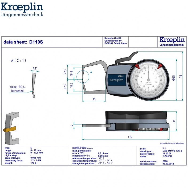KROEPLIN 446.971 Analoge Schnelltaster für Aussenmessungen, Modell D110, messbereich Meb 0-10 mm, tastarmlänge 35 mm, IP65