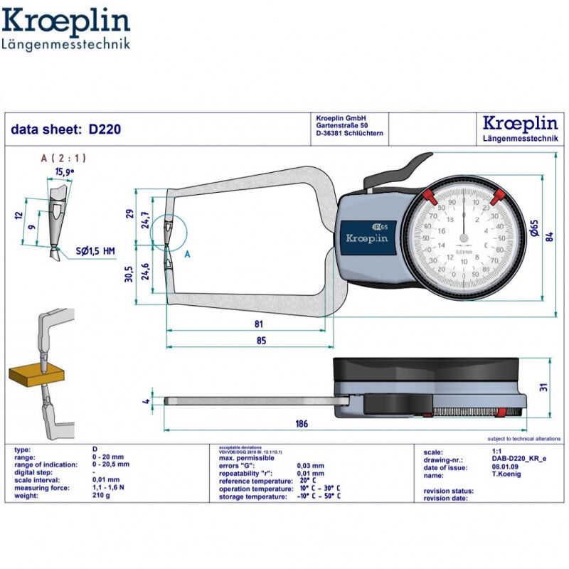 KROEPLIN 446.972 Analoge Schnelltaster für Aussenmessungen, Modell D220, messbereich Meb 0-20 mm, tastarmlänge 85 mm, IP65