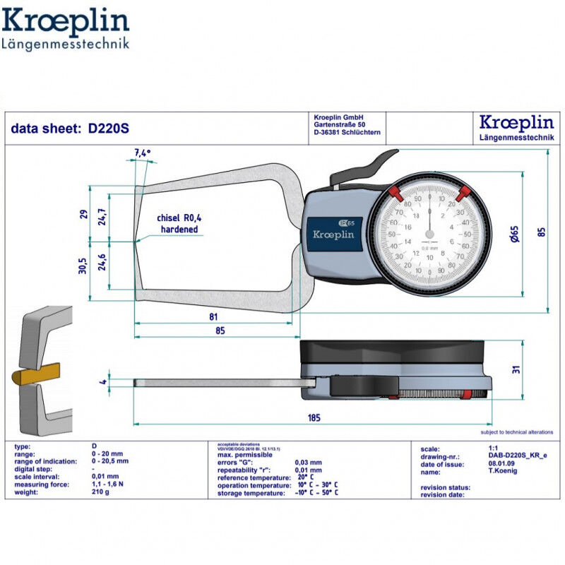 KROEPLIN 446.973 Analoge Schnelltaster für Aussenmessungen, Modell D220S, messbereich Meb 0-20 mm, tastarmlänge 85 mm, IP65