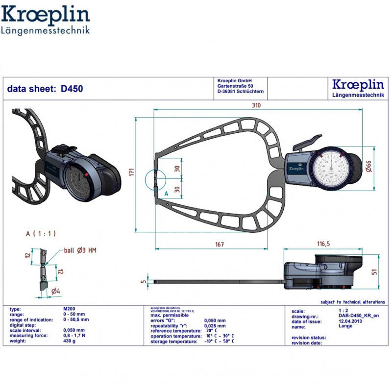 KROEPLIN 446.974 Analoge Schnelltaster für Aussenmessungen, Modell D450, messbereich Meb 0-50 mm, tastarmlänge 167 mm, IP65