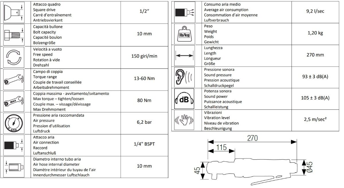 AIRTEC 12301010 Pneumatic 1/2" reversible ratcheting screwdriver model 480, maximum torque 60Nm