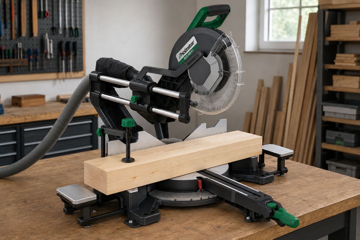 HOLZSTAR 5702306 Troncatrice radiale con doppia inclinazione a regolazione continua, monofase 230V, modello KGZ 305 E I, velocità lama 5000 rpm, diametro lama 305 mm