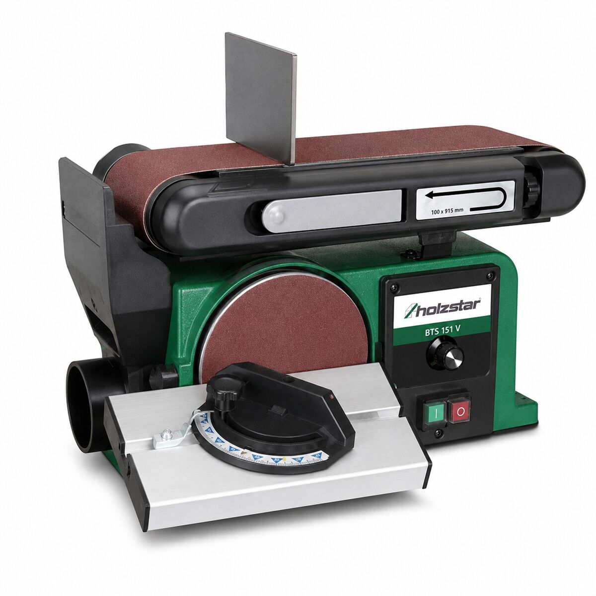 HOLZSTAR 5903152 Levigatrice a nastro e disco 250W, modello BTS 151 V, monofase 230V, per bordi lunghi, superfici frontali, curve, tagli obliqui e superfici piane ad angolo retto, dimensioni nastro 914x100 mm
