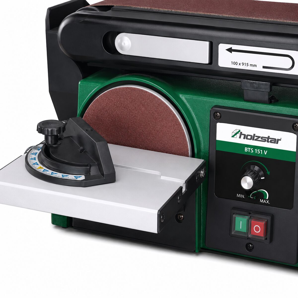 HOLZSTAR 5903152 Levigatrice a nastro e disco 250W, modello BTS 151 V, monofase 230V, per bordi lunghi, superfici frontali, curve, tagli obliqui e superfici piane ad angolo retto, dimensioni nastro 914x100 mm