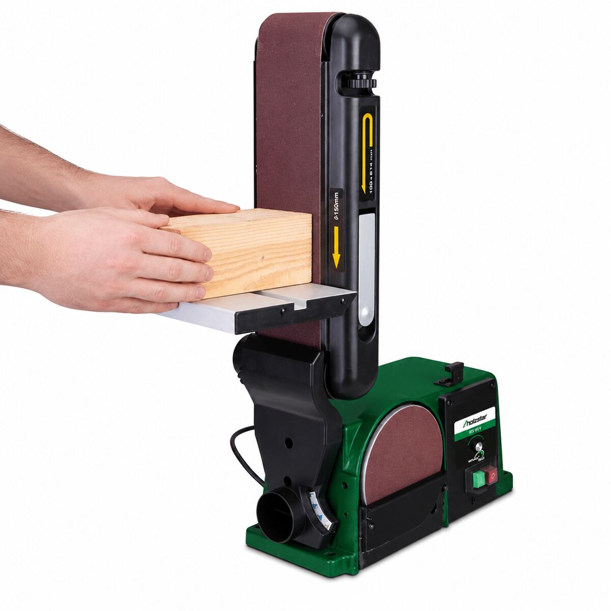 HOLZSTAR 5903152 Levigatrice a nastro e disco 250W, modello BTS 151 V, monofase 230V, per bordi lunghi, superfici frontali, curve, tagli obliqui e superfici piane ad angolo retto, dimensioni nastro 914x100 mm
