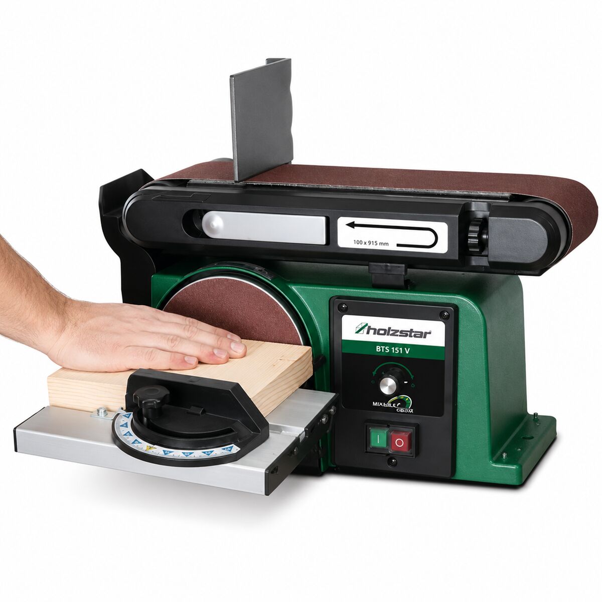 HOLZSTAR 5903152 Levigatrice a nastro e disco 250W, modello BTS 151 V, monofase 230V, per bordi lunghi, superfici frontali, curve, tagli obliqui e superfici piane ad angolo retto, dimensioni nastro 914x100 mm