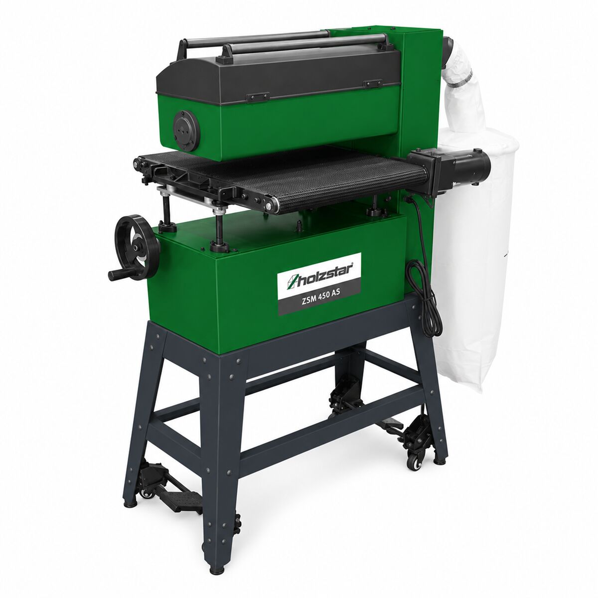HOLZSTAR 5903450 Levigatrice a cilindri mobile 1.8 kW, modello ZSM 450 AS, monofase 230V, velocità del nastro trasportatore regolabile in continuo, per risultati di levigatura ottimali su materiali diversi