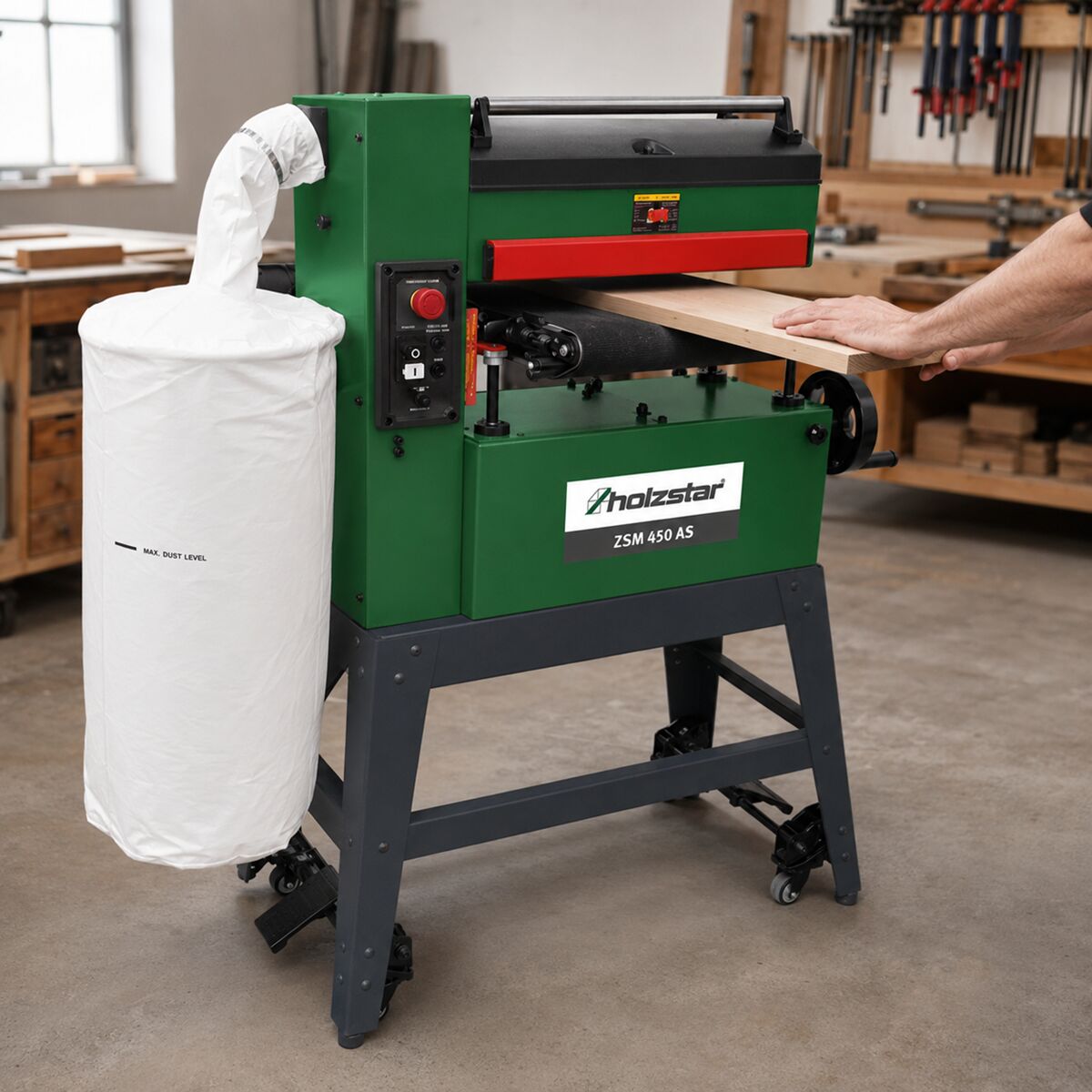 HOLZSTAR 5903450 Levigatrice a cilindri mobile 1.8 kW, modello ZSM 450 AS, monofase 230V, velocità del nastro trasportatore regolabile in continuo, per risultati di levigatura ottimali su materiali diversi
