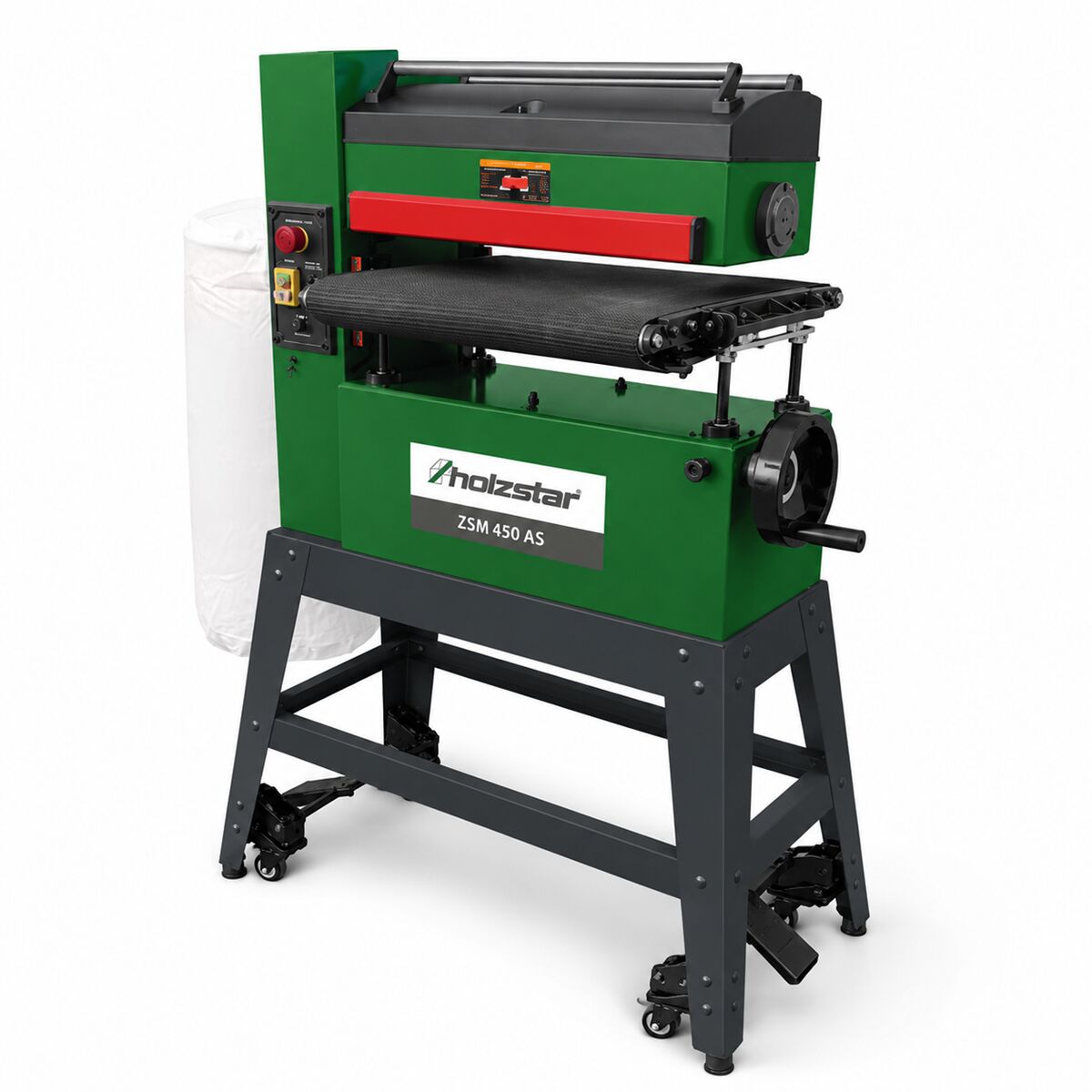 HOLZSTAR 5903450 Levigatrice a cilindri mobile 1.8 kW, modello ZSM 450 AS, monofase 230V, velocità del nastro trasportatore regolabile in continuo, per risultati di levigatura ottimali su materiali diversi