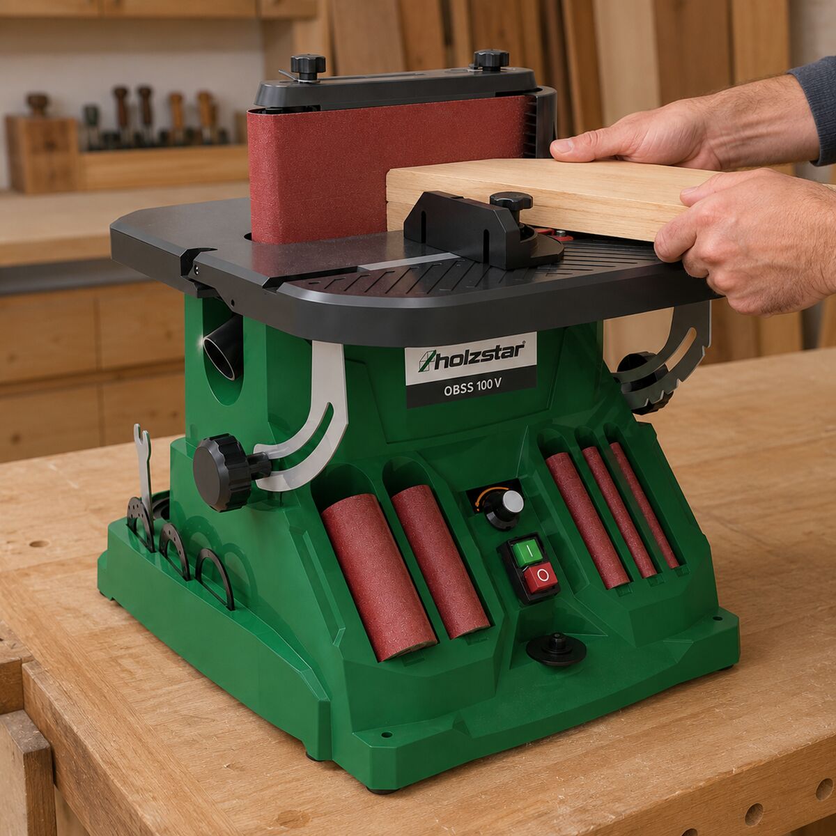 HOLZSTAR 5903510 Oscillating spindle and belt sander, 450 W, model OBSS 100 V, single-phase 230 V, with a powerful motor suitable for all wood-based materials
