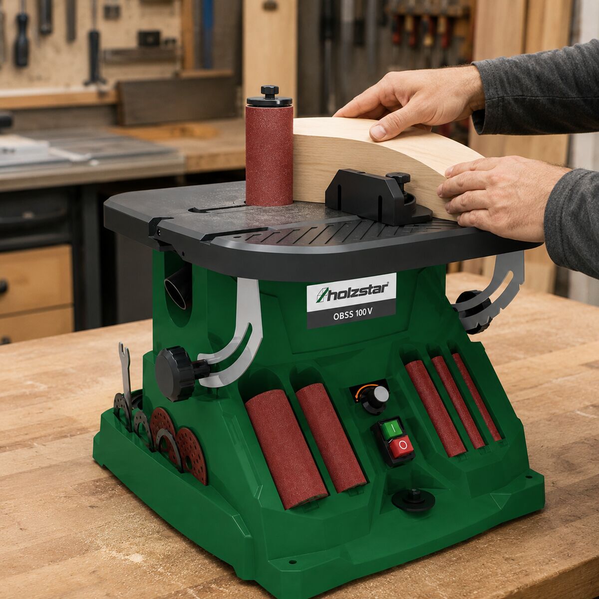 HOLZSTAR 5903510 Oscillating spindle and belt sander, 450 W, model OBSS 100 V, single-phase 230 V, with a powerful motor suitable for all wood-based materials