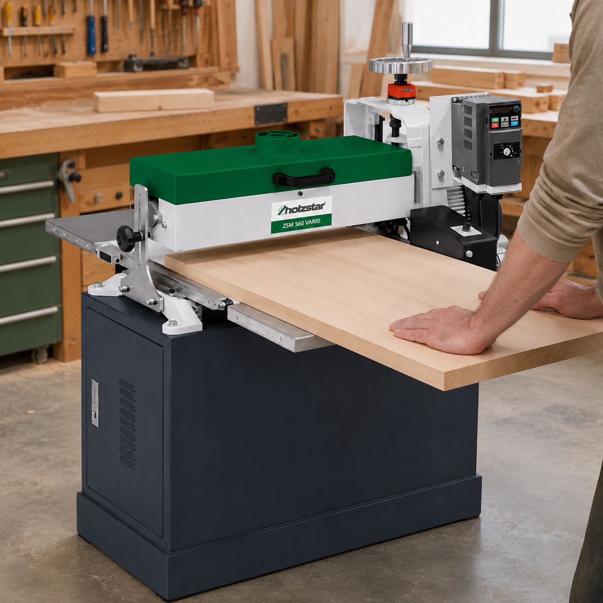 HOLZSTAR 5903565 Levigatrice cilindrica per rettifica di superfici 1.5 kW, modello ZSM 560 Vario, monofase 230V, velocità di avanzamento continua regolabile tramite potenziometro
