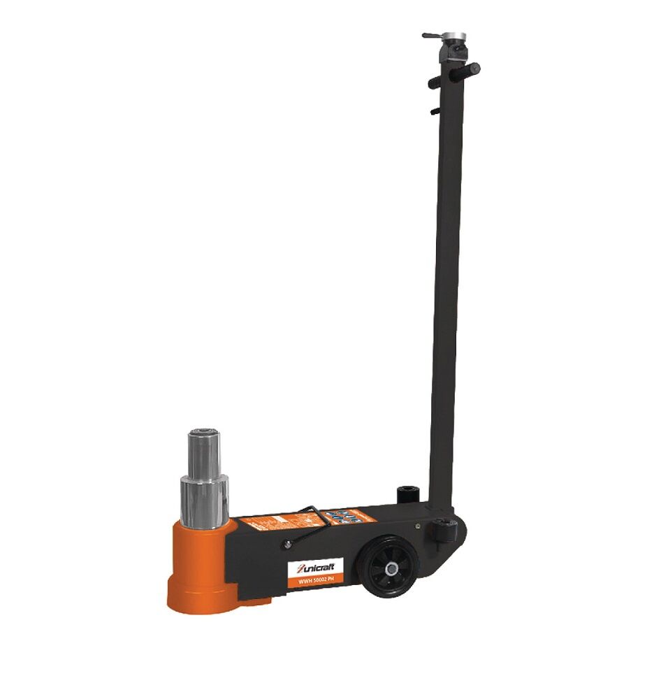 UNICRAFT 6201130 Cric a carrello idro-pneumatico, portata 25-50 tonnellate, pressione aria 9-12 bar, modello WWH 50002 PH, sollevamento sicuro e preciso per uso professionale e industriale.