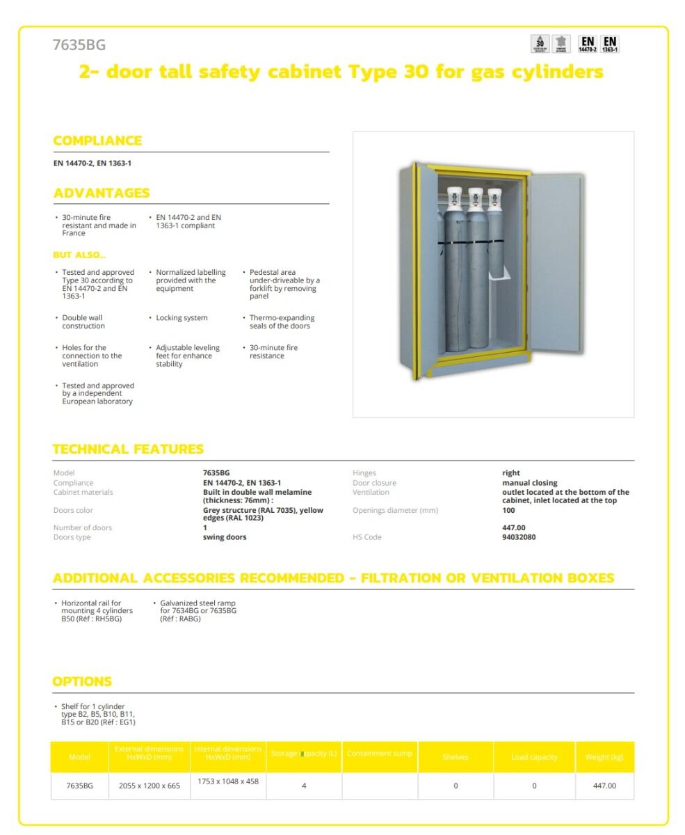 ECOSAFE 7635BG 2- Door tall Safety Cabinet EN 14470-2 For gas cylinders, 30 minutes fire resistance according to the ISO 834 standard curve