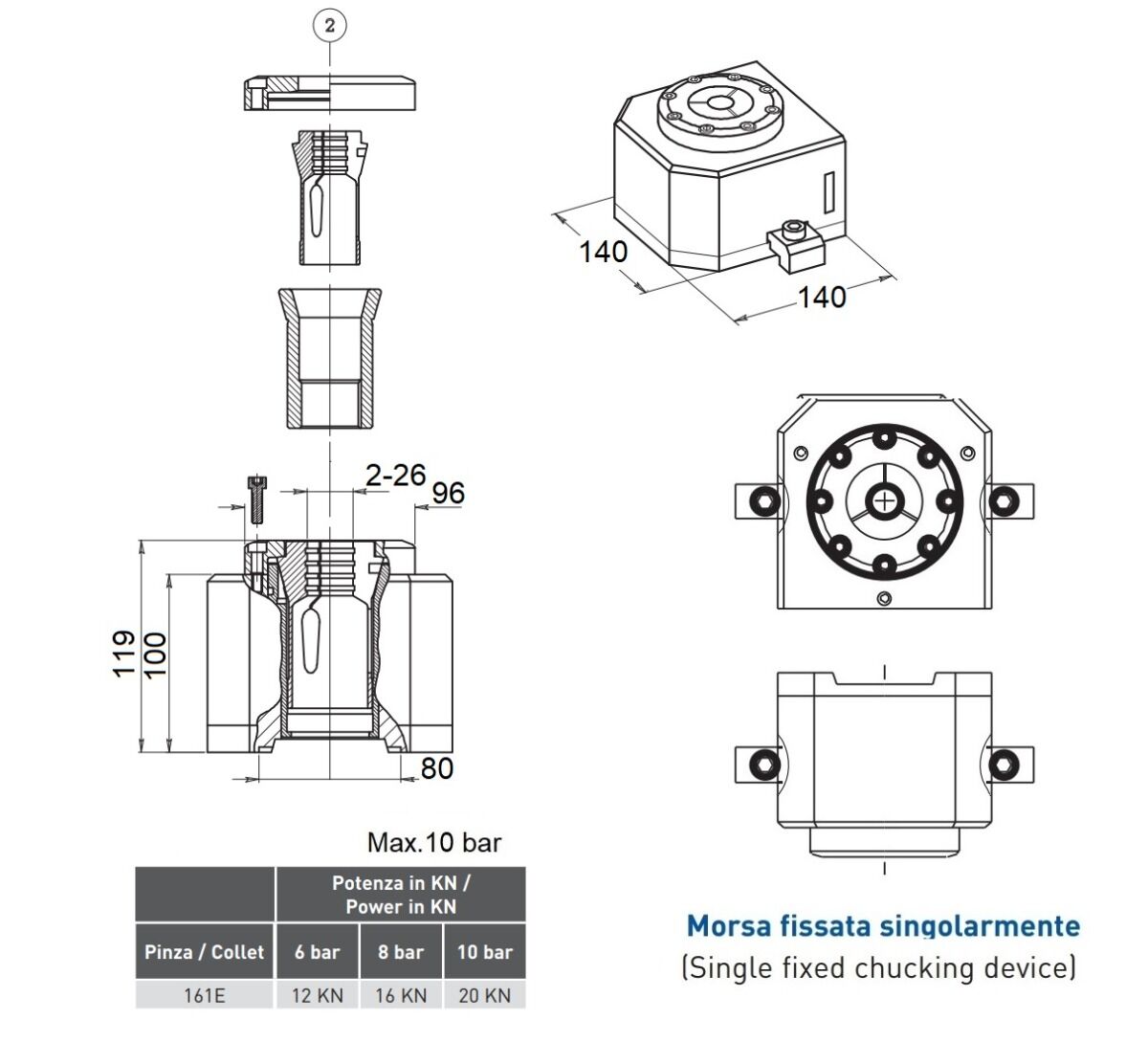 772125 Morsa pneumatica modulare per pinze di serraggio 161E - BA25 per bloccaggio pezzi su macchine da produzione, centri di lavoro, transfer e trapani