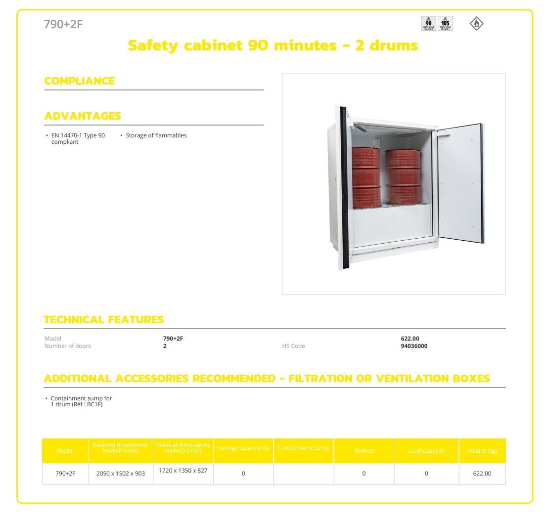 ECOSAFE 790+2F Sicherheitsschrank für die Lagerung von Fässern und brennbaren Produkten, Feuerwiderstand 90 Minuten nach EN 14470-1