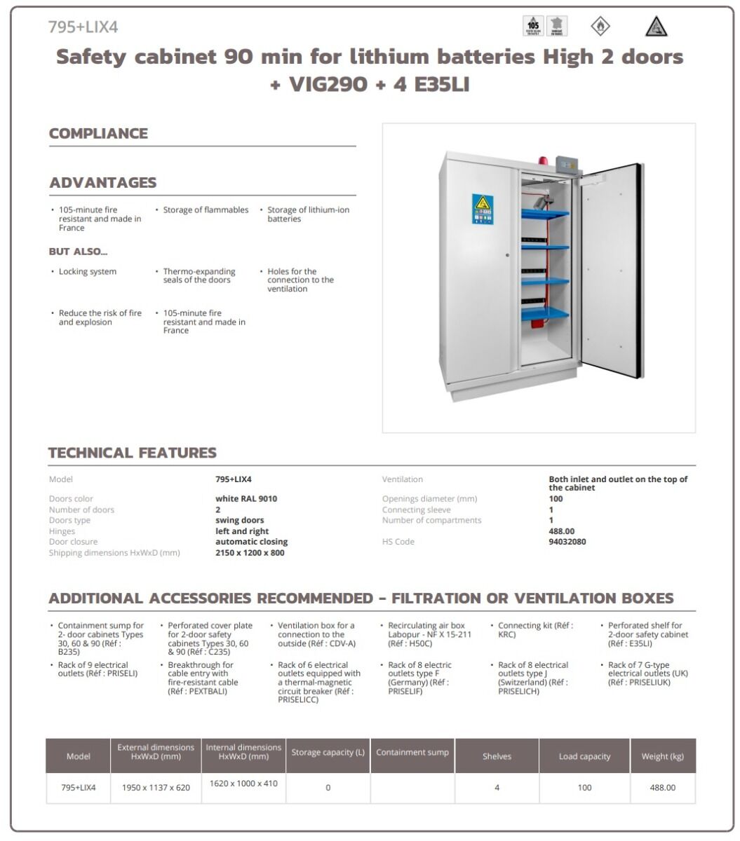 ECOSAFE 795+LIX4 Sicherheitsschrank zur Lagerung von Lithium-Ionen-Batterien 1950x1137x620mm, für Innen feuerbeständiger bis zu 180 Minuten, außen feuerbeständig für bis zu 105 Minuten, gemäß EN 14470-1 und EN 1363-1