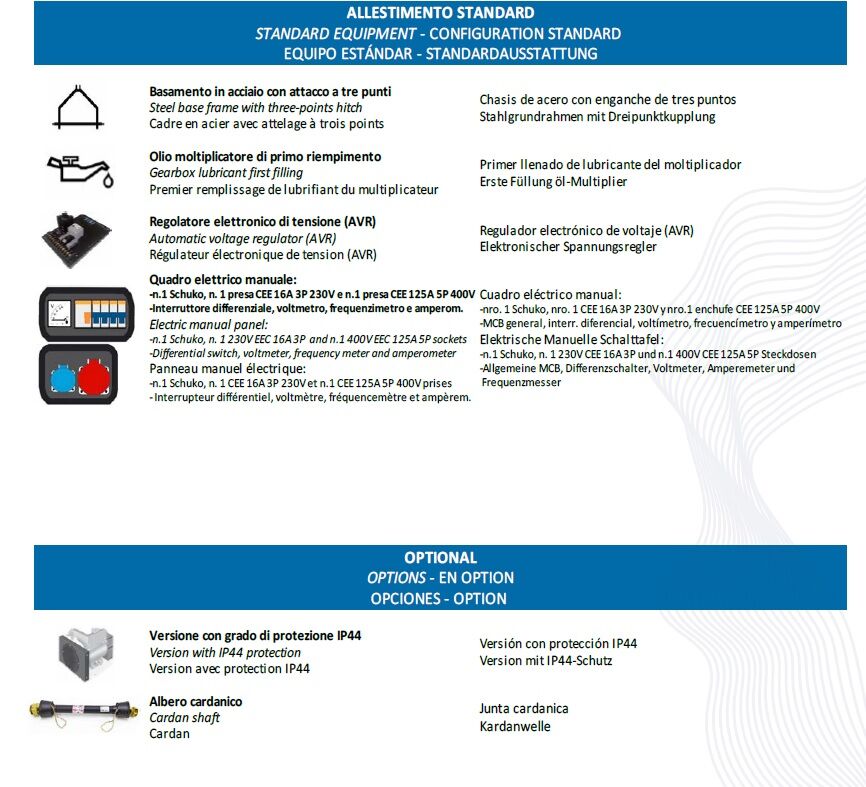 85TRL Generatore C.G.M. Gruppi Elettrogeni srl 1500 Giri/mn con attacco tre punte per trattori con potenza 150Hp, regolatore elettronico di tensione (AVR), 400V