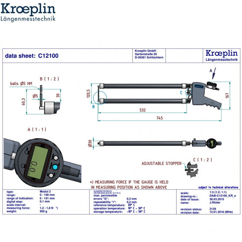 KROEPLIN 961.964 Comparatore digitale per esterni Modello C12100, campo di misura 0-100 mm, lunghezza braccio 532 mm, IP67