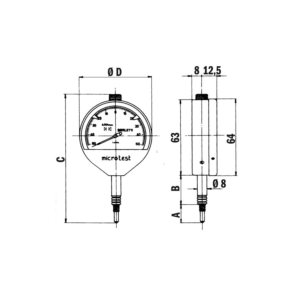 BORLETTI A1 Analog dial microtest millesimal dial indicator with 0.1mm measuring range, 0.001mm resolution