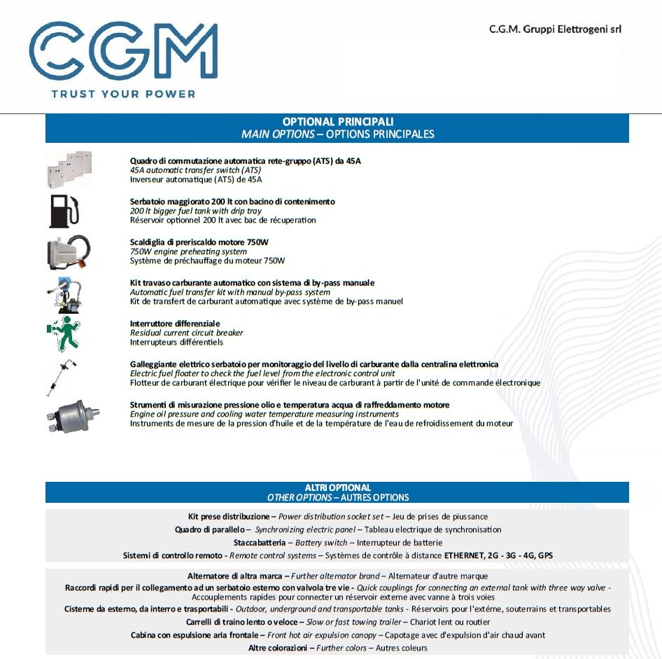 CGM 30F Industrial power generator 24kW open version B50, FPT motor, three-phase 400V, manual or automatic start and AVR voltage regulation