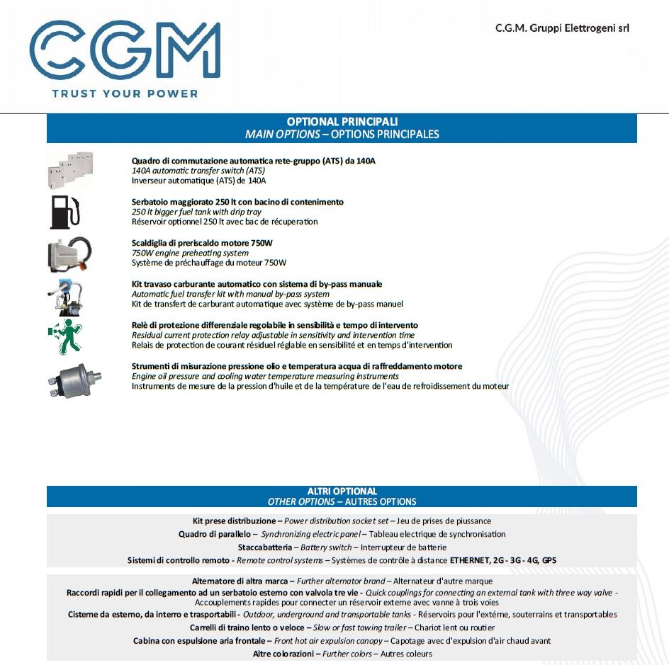 CGM 100B Generatore di corrente industrial 80kW versione aperta B100, motore BAUDOUIN, trifase 400V, avviamento manuale o automatico e regolazione di tensione AVR