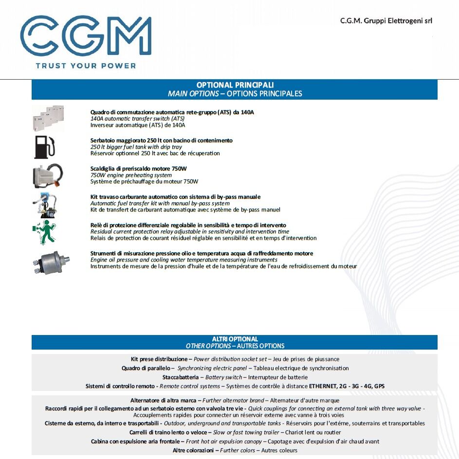 CGM 100CU Generatore di corrente industrial 80kW versione aperta B200, motore CUMMINS, trifase 400V, avviamento manuale o automatico e regolazione di tensione AVR