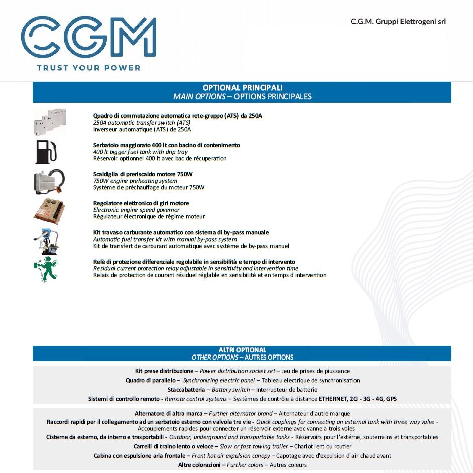 CGM 150F Generatore di corrente industrial 120kW versione chiusa C200, motore FPT, trifase 400V, avviamento manuale o automatico e regolazione di tensione AVR