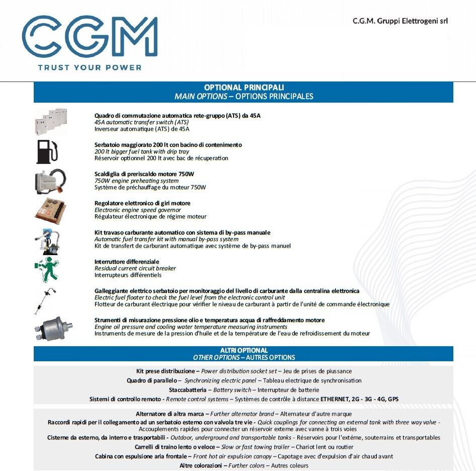 CGM 45P Generatore di corrente industrial 36kW versione chiusa C50, motore PERKINS, trifase 400V, avviamento manuale o automatico e regolazione di tensione AVR
