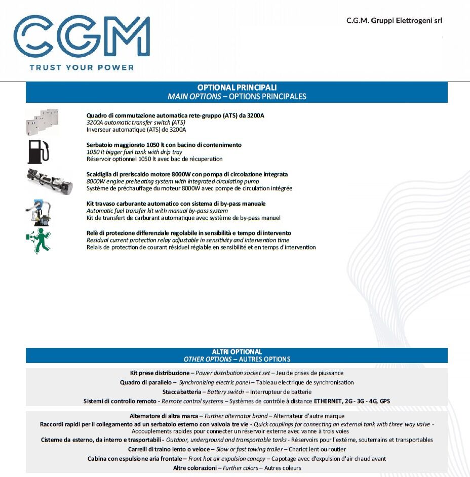 CGM 2000MH Industrial power generator 1600kW open version B2500, MITSUBISHI motor, three-phase 400V, manual or automatic start and AVR voltage regulation