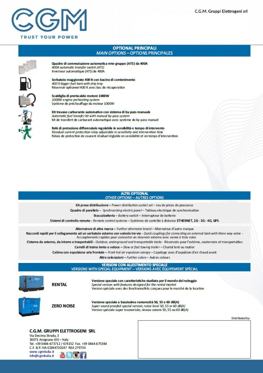CGM 200B Generatore di corrente industrial 160kW versione chiusa C300, motore BAUDOUIN, trifase 400V, avviamento manuale o automatico e regolazione di tensione AVR