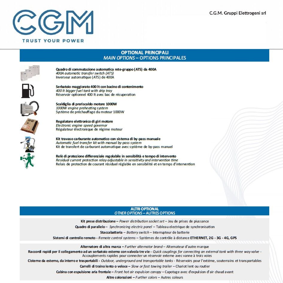 CGM 200F Generatore di corrente industrial 160kW versione aperta B200, motore FPT, trifase 400V, avviamento manuale o automatico e regolazione di tensione AVR