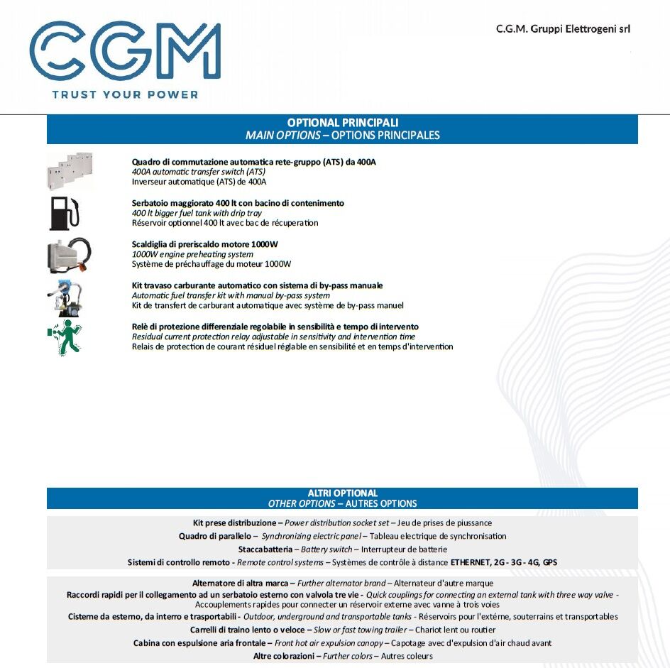 CGM 250B Generatore di corrente industrial 200kW versione aperta B300, motore BAUDOUIN, trifase 400V, avviamento manuale o automatico e regolazione di tensione AVR