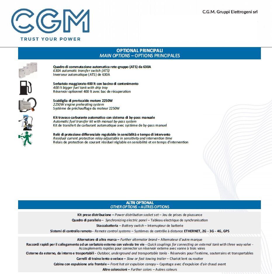 CGM 300DS Generatore di corrente industrial 240kW versione aperta B300, motore DOOSAN, trifase 400V, avviamento manuale o automatico e regolazione di tensione AVR