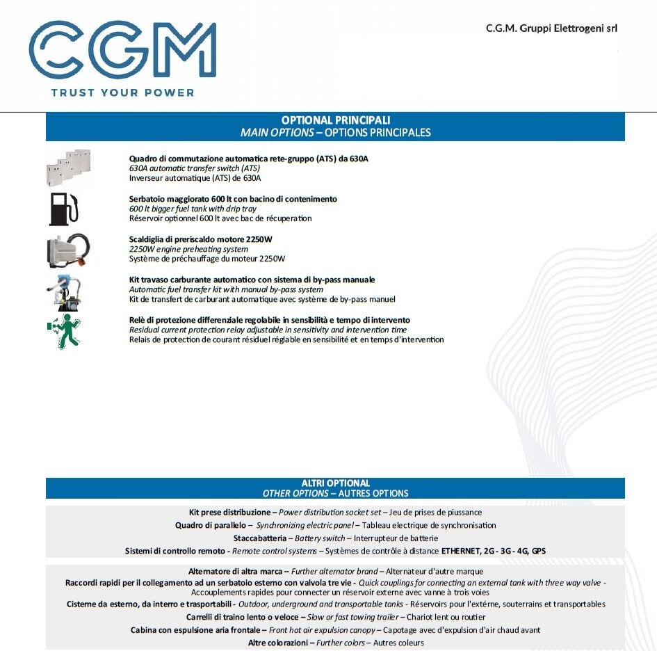 CGM 350B Generatore di corrente industrial 280kW versione aperta B400, motore BAUDOUIN, trifase 400V, avviamento manuale o automatico e regolazione di tensione AVR