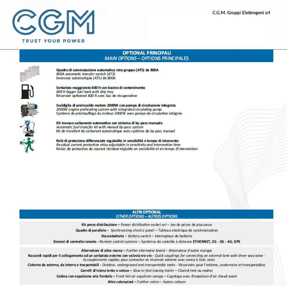 CGM 500F Generatore di corrente industrial 400kW versione aperta B400, motore FPT, trifase 400V, avviamento manuale o automatico e regolazione di tensione AVR