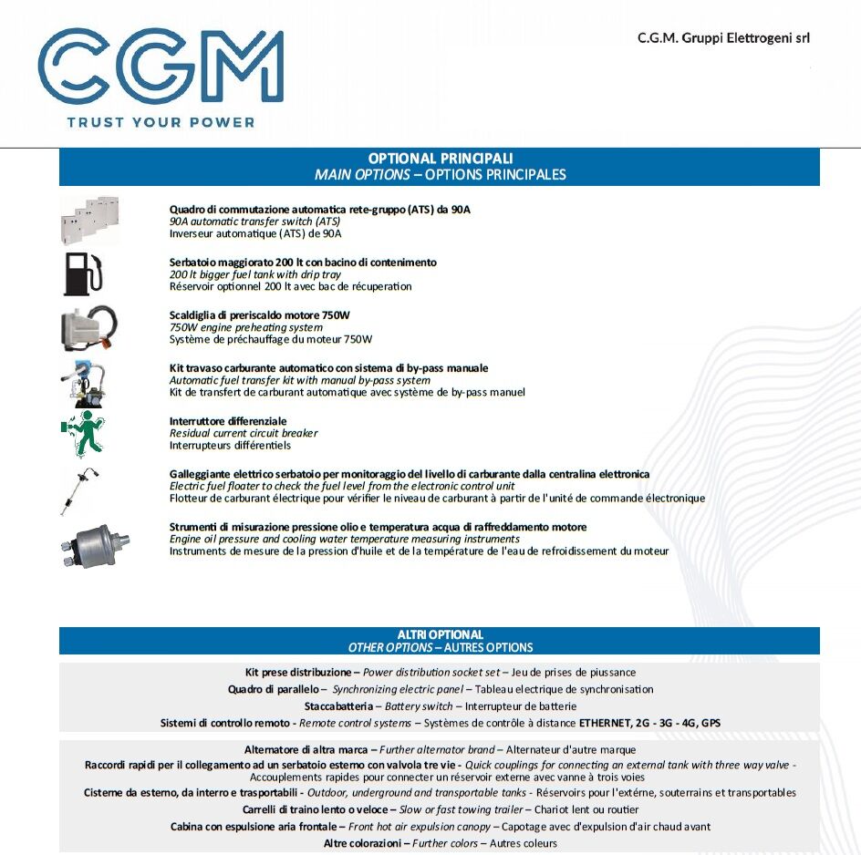 CGM 50B Generatore di corrente industrial 40kW versione chiusa C50, motore BAUDOUIN, trifase 400V, avviamento manuale o automatico e regolazione di tensione AVR