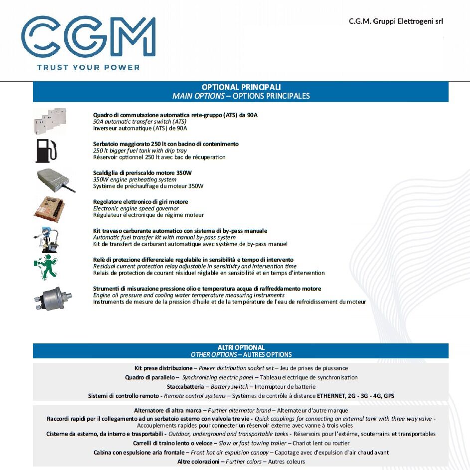 CGM 60DZo Generatore di corrente industrial 48kW versione aperta B50, motore DEUTZ, trifase 400V, avviamento manuale o automatico e regolazione di tensione AVR