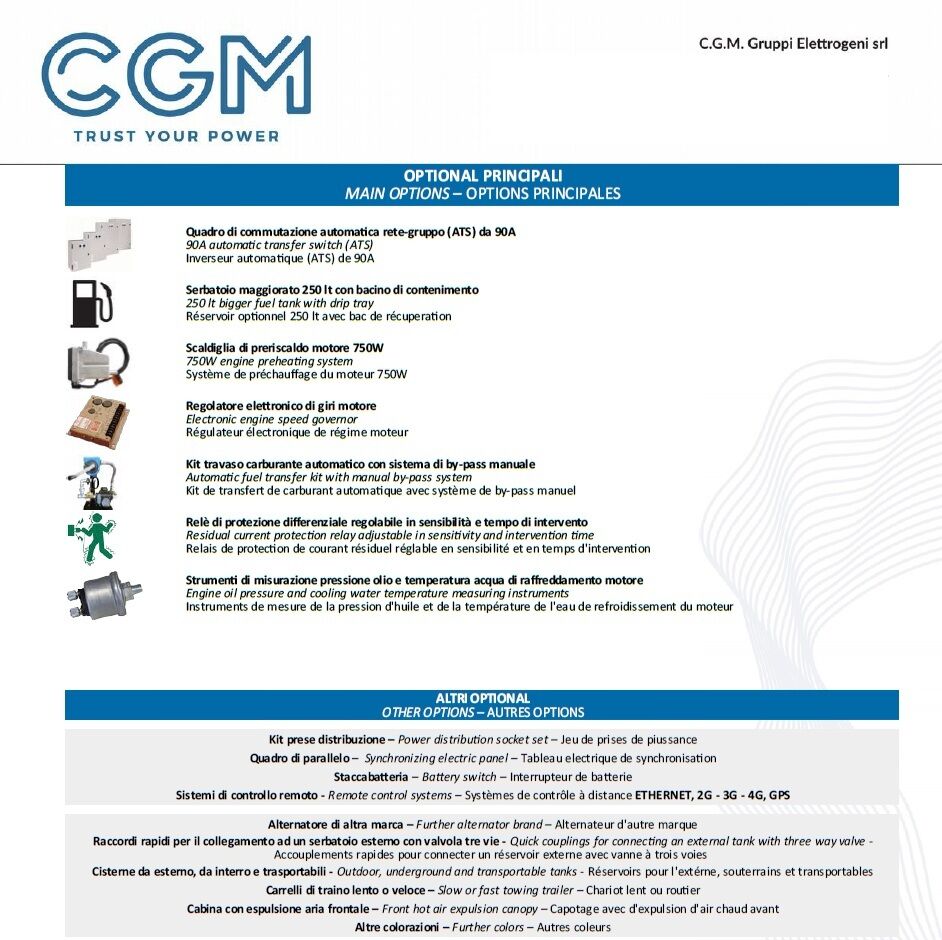 CGM 60F Generatore di corrente industrial 48kW versione aperta B100, motore FPT, trifase 400V, avviamento manuale o automatico e regolazione di tensione AVR