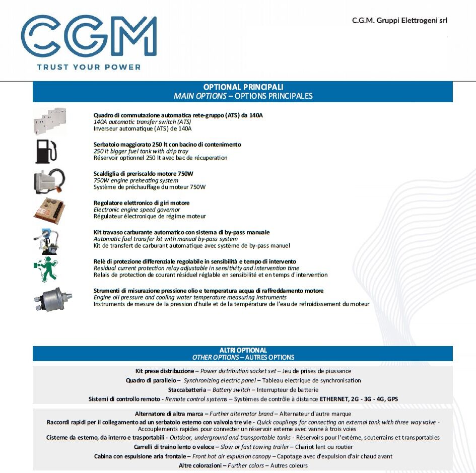 CGM 80P Generatore di corrente industrial 64kW versione chiusa C100, motore PERKINS, trifase 400V, avviamento manuale o automatico e regolazione di tensione AVR