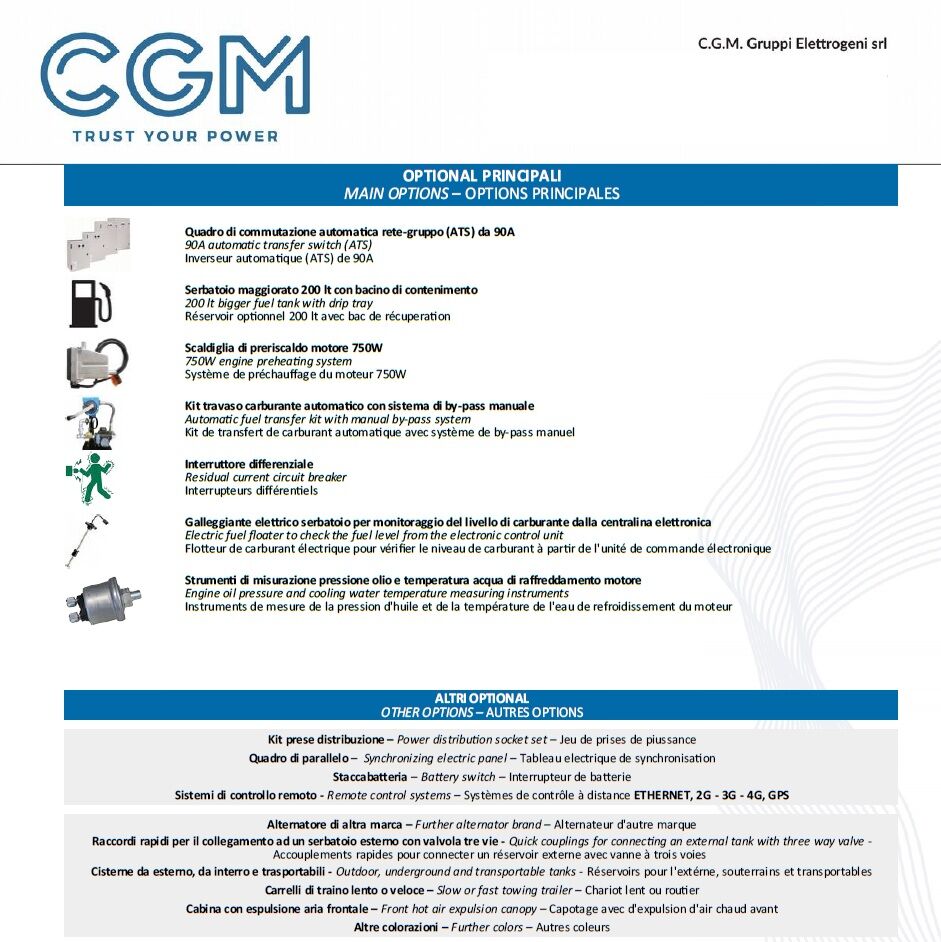CGM e41Y Generatore di corrente industrial 32.8kW versione aperta B50, motore YANMAR, trifase 400V, avviamento manuale o automatico e regolazione di tensione AVR