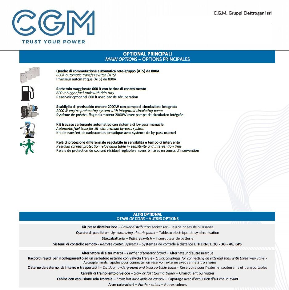 CGM e500S Generatore di corrente industrial 400kW versione aperta B750, motore SCANIA, trifase 400V, avviamento manuale o automatico e regolazione di tensione AVR
