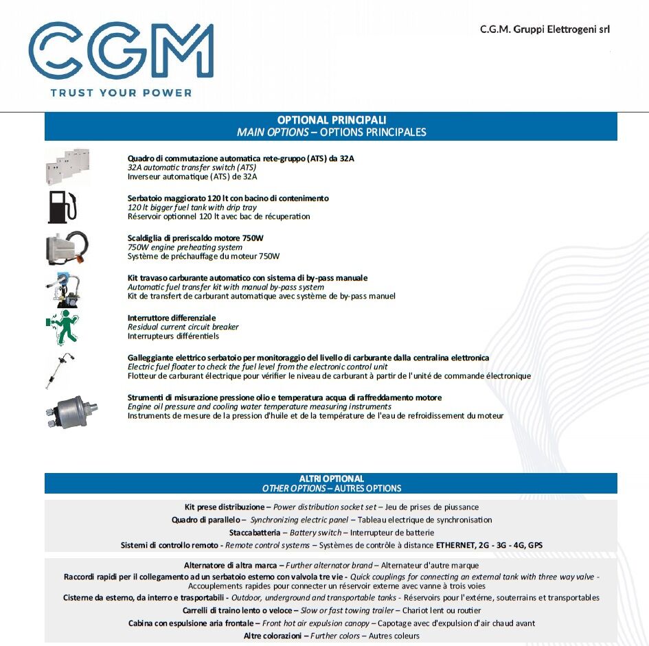 CGM v20KH Generatore di corrente industrial 16kW versione chiusa C20, motore KOHLER, trifase 400V, avviamento manuale o automatico e regolazione di tensione AVR