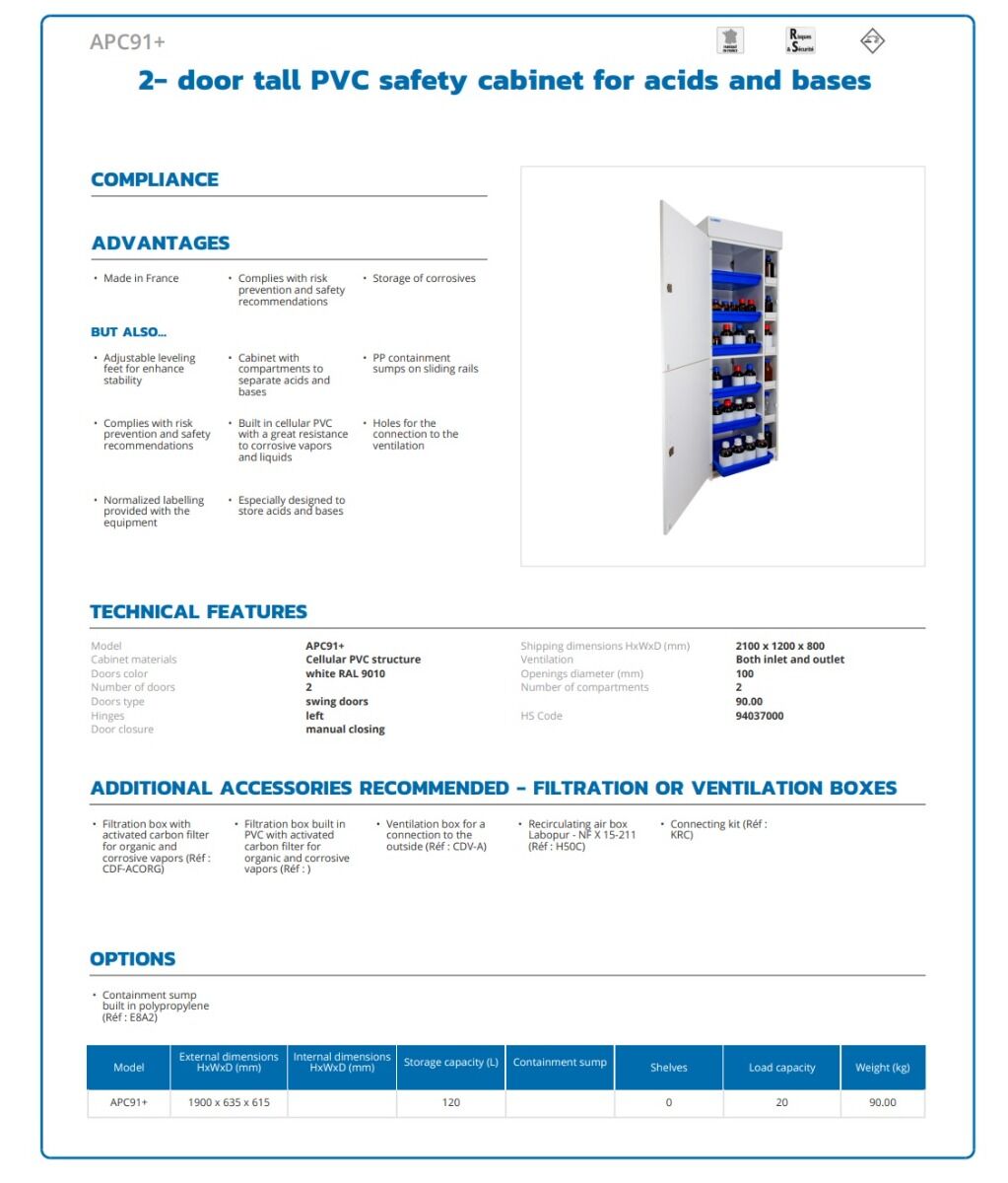 ECOSAFE APC91+ Armadio di sicurezza anticorrosione da laboratorio per lo stoccaggio di acidi, basi e prodotti tossici - Capacità di stoccaggio 120L
