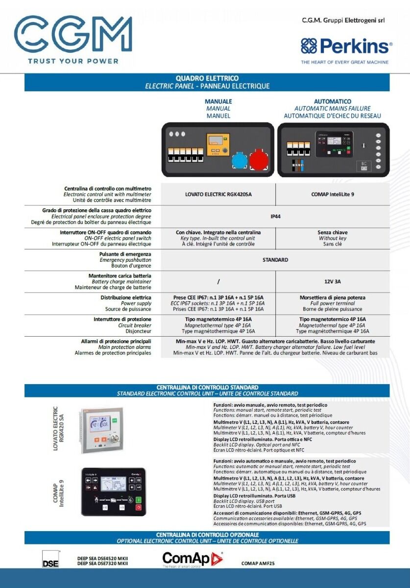 CGM 10P Generatore di corrente industrial 8kW versione chiusa C20, motore PERKINS, trifase 400V, avviamento manuale o automatico e regolazione di tensione AVR